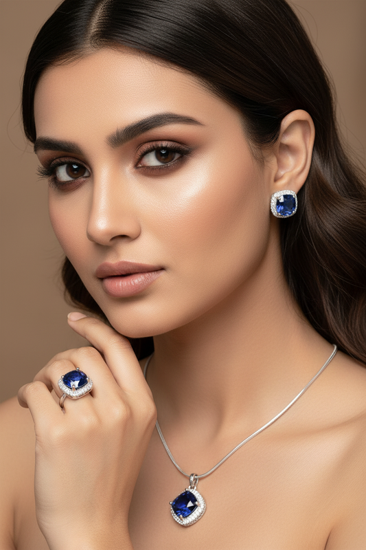 Blue Sapphire and AD Pendant Set