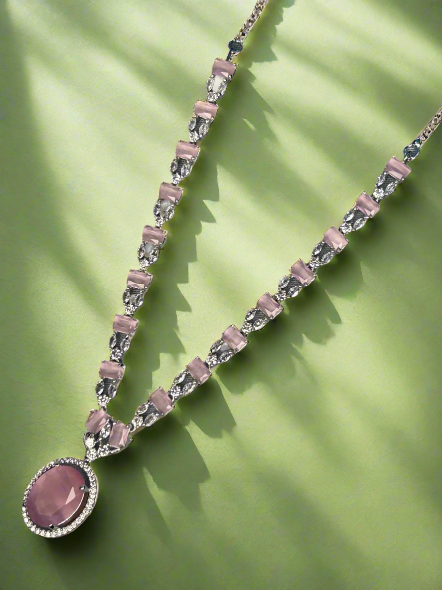 Pink Quartz and AD Necklace Set