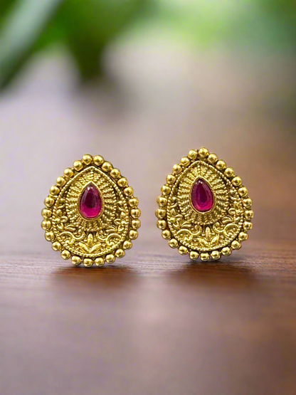 Gold Plated Necklace with Ruby and Stud Earrings