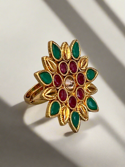 Gold Flower Ring with Ruby and Emerald