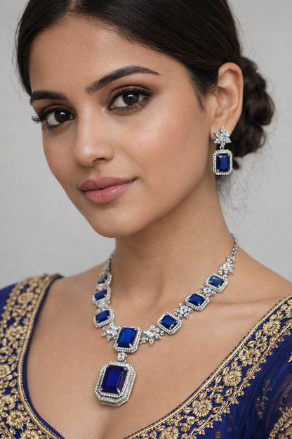 Blue Sapphire and AD Necklace Set