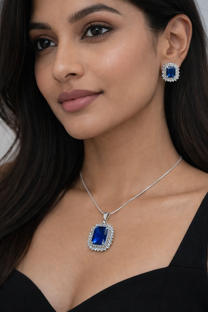 Bold Blue Sapphire and AD Pendant Set