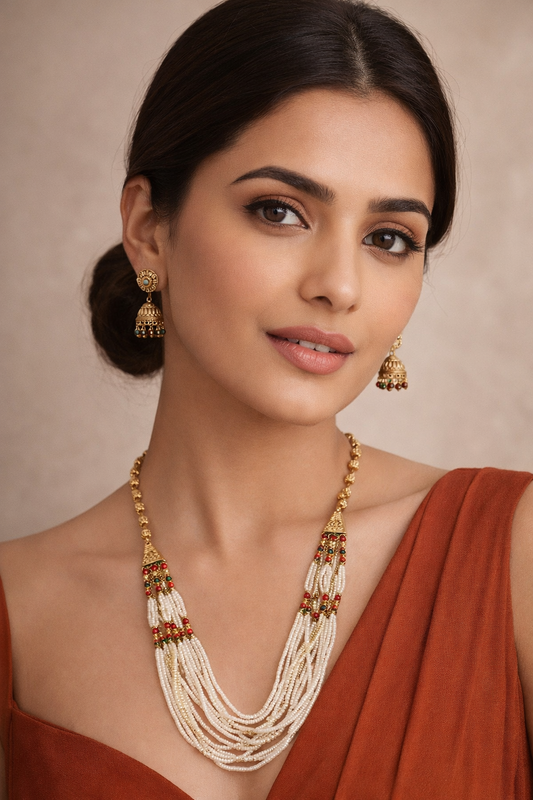 Fine Pearls and Gold Plated Beads Long Necklace Set