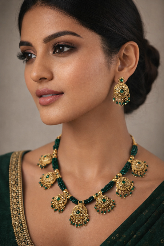 Gold Plated Necklace with Green Beaded Strings