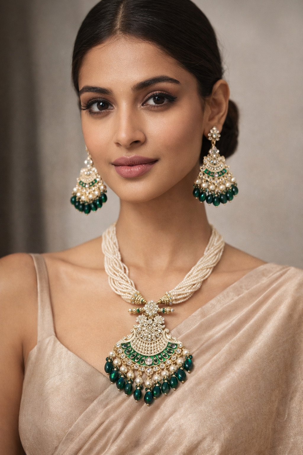 Ten Lines Pearl Beads and Gold Plated Long Necklace Set