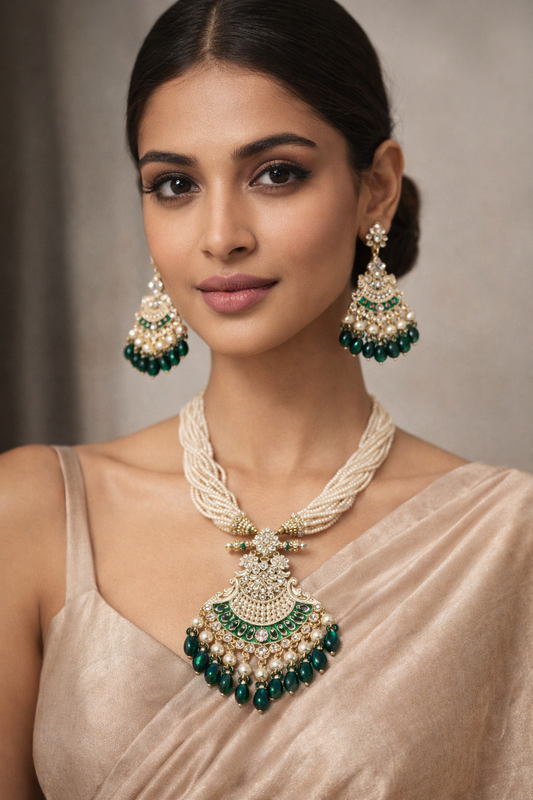 Ten Lines Pearl Beads and Gold Plated Long Necklace Set