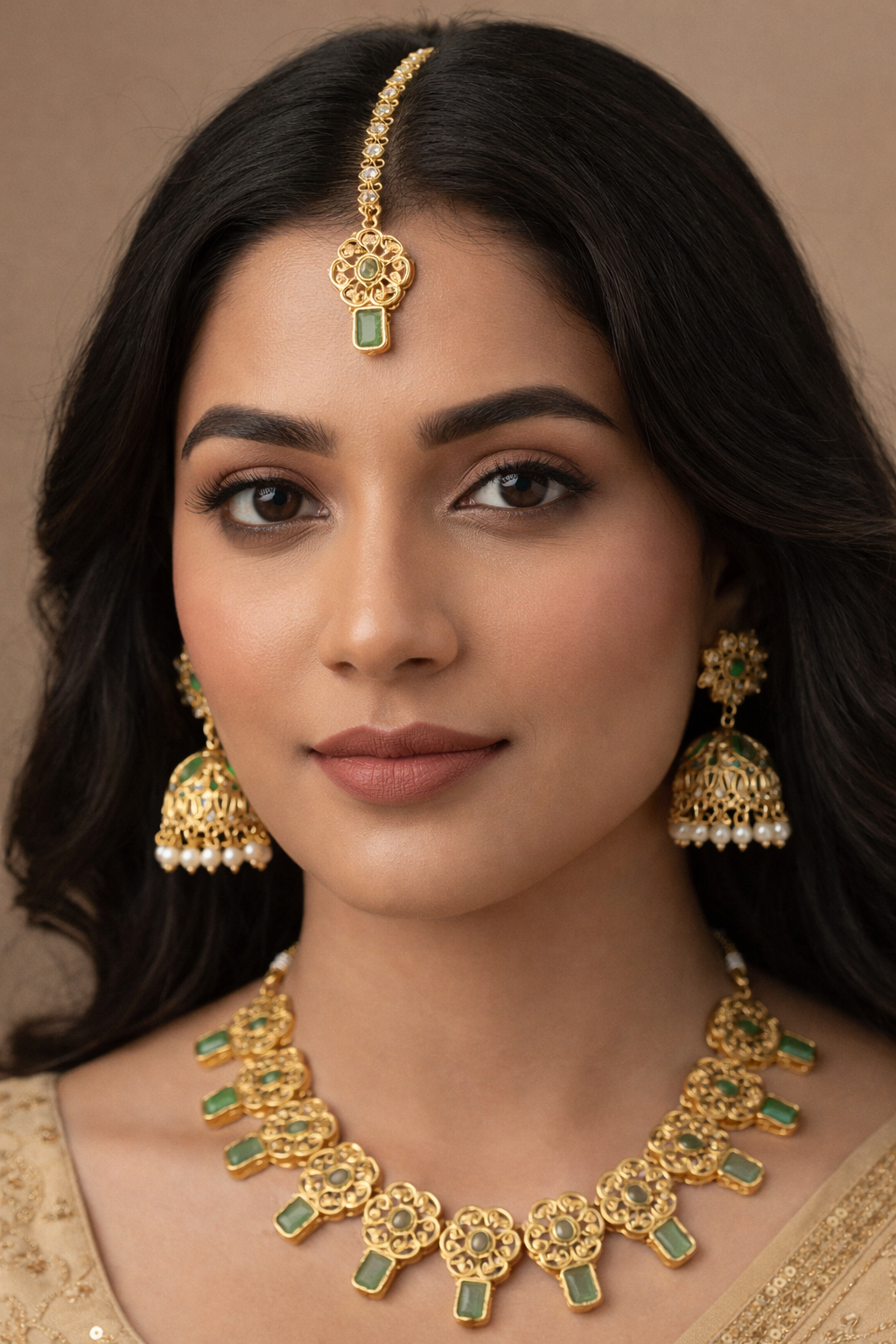 Rich Gold, Cluster ADs and Eden Emerald Necklace Set with Mang Tika and Jhumkas