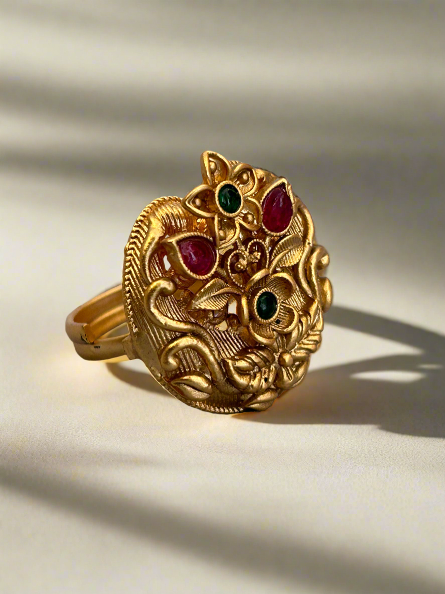 Gold Flower Plant Rings with Ruby & Emerald