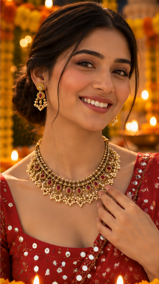 Meera Gold Plated Jewellery Set with pearls