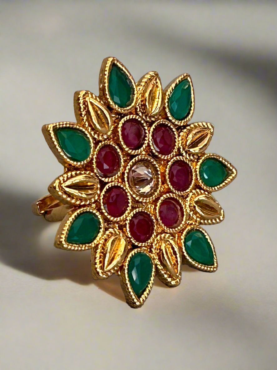 Gold Flower Ring with Ruby and Emerald