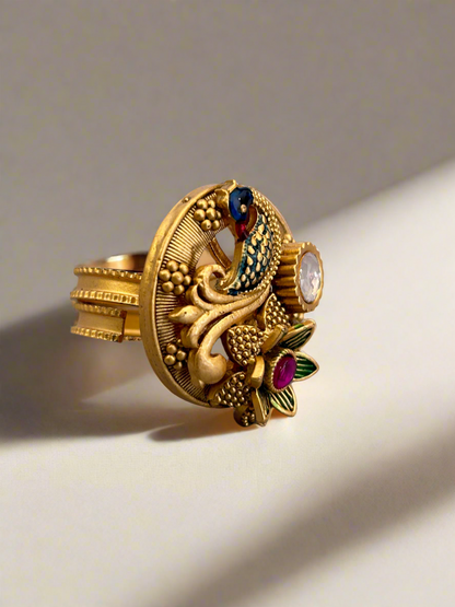 Antique Gold Peacock Ring with Uncut Diamond