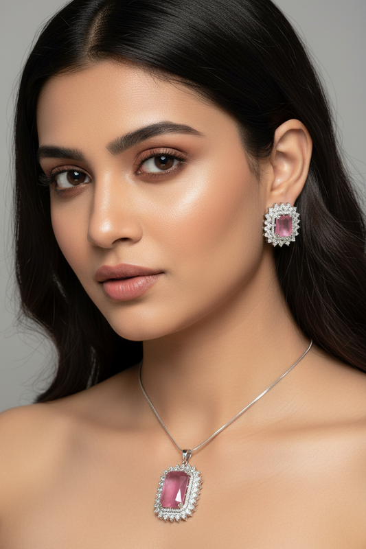 Bold Pink Quartz and AD Pendant Set