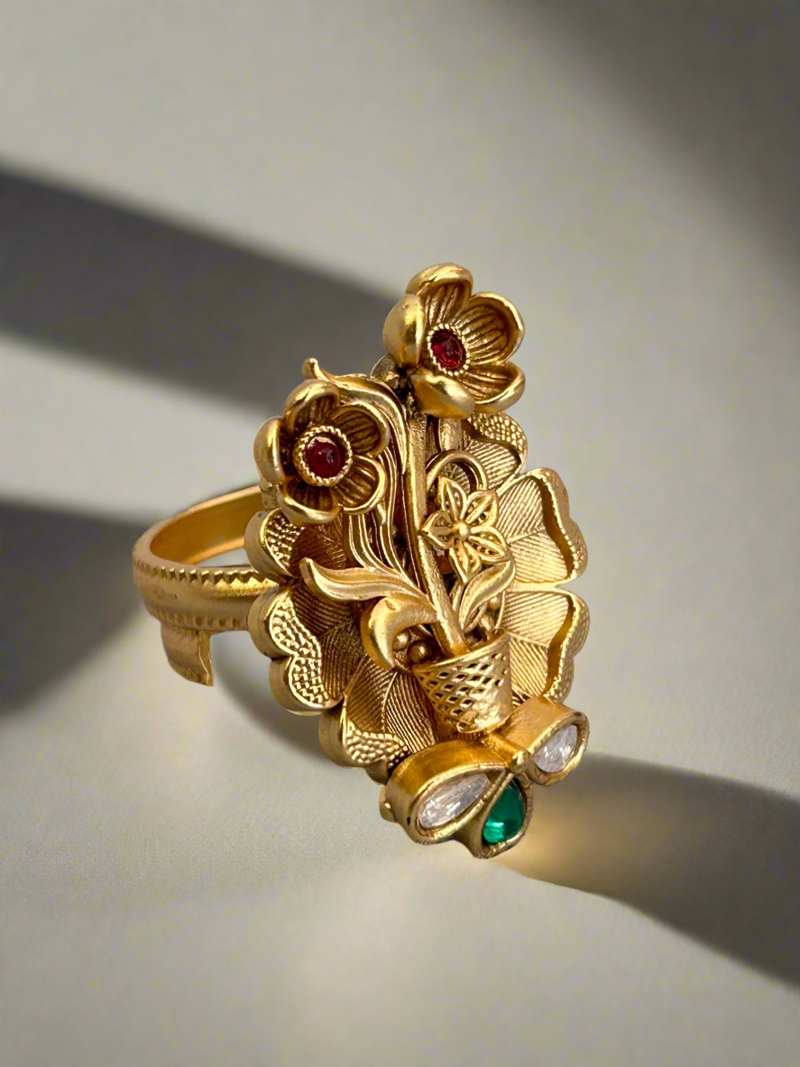 Gold Flower Pot Ring with Diamond and Colour Stones