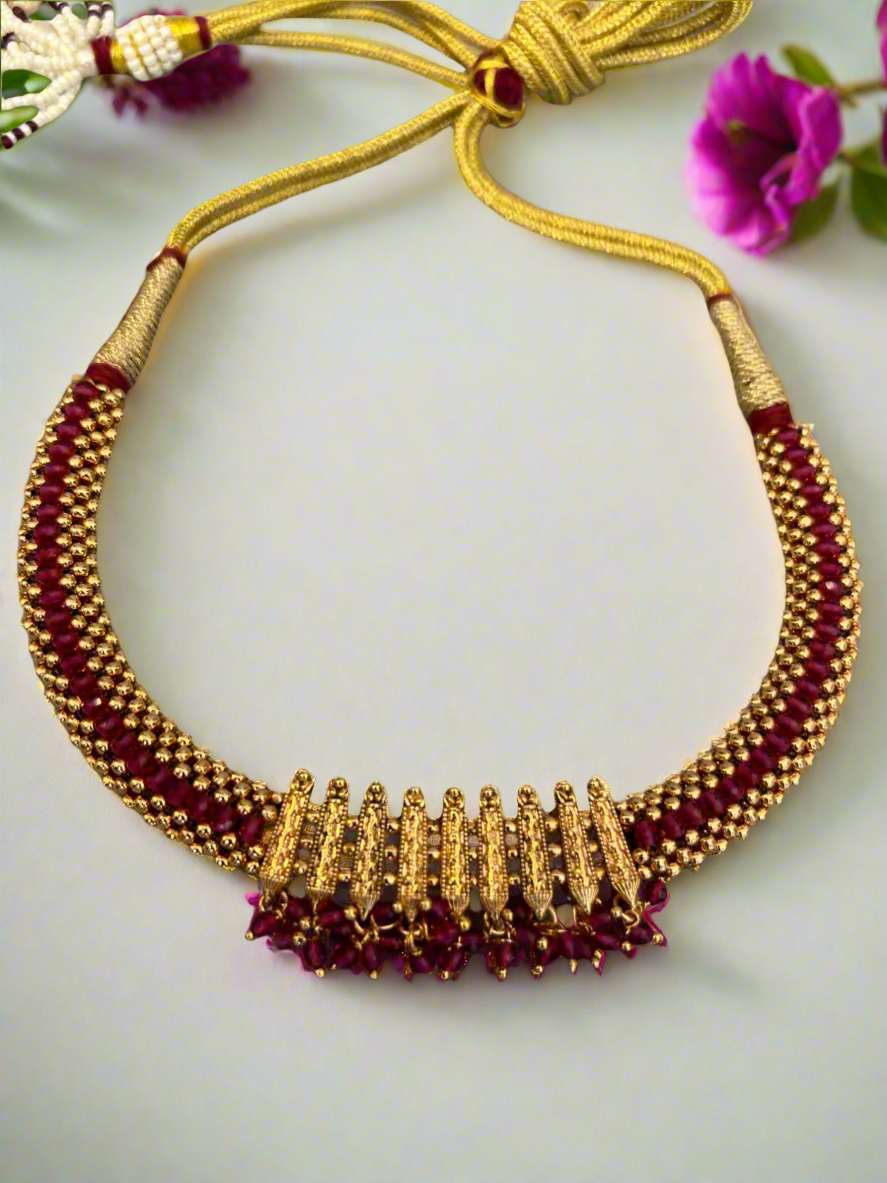 Antique Gold Plated and Ruby Beads Intricate Necklace Set