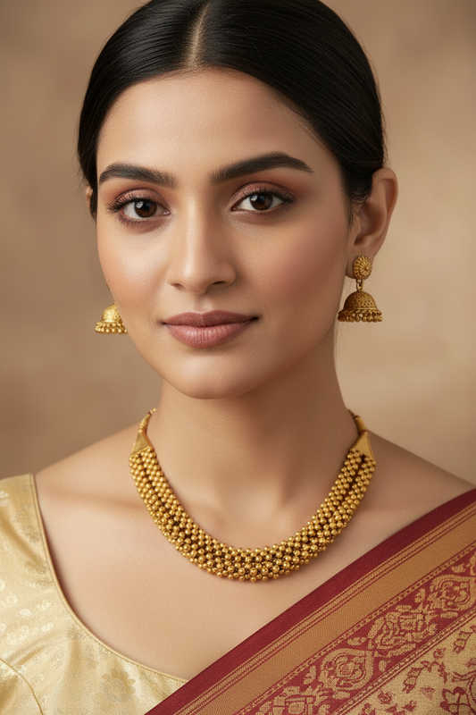 Two Lines Gold Plated Beads Necklace