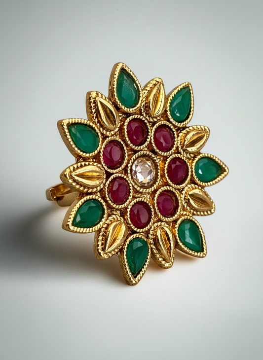 Gold Flower Ring with Ruby and Emerald
