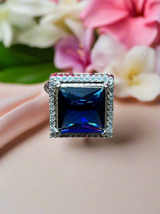 Square Blue Sapphire and Cluster AD Ring