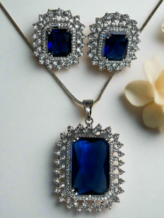 Bold Blue Sapphire and AD Pendant Set