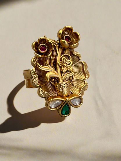 Gold Flower Pot Ring with Diamond and Colour Stones