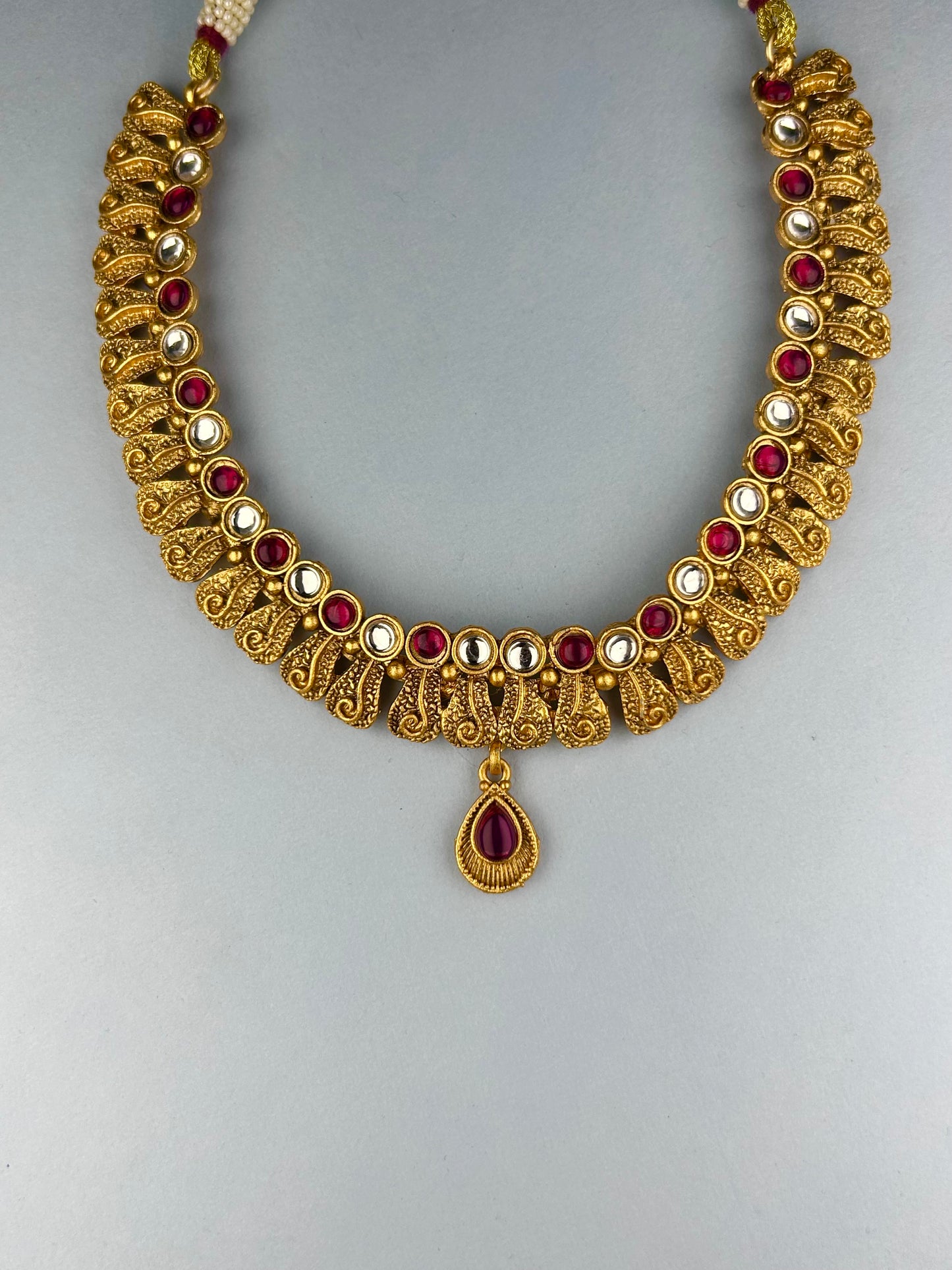 Antique Tribal Art Inspired Necklace Set with Ruby, Uncut AD and Bell Earrings
