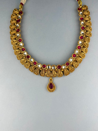 Antique Tribal Art Inspired Necklace Set with Ruby, Uncut AD and Bell Earrings