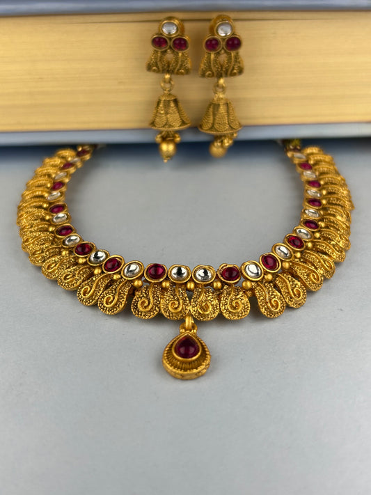 Antique Tribal Art Inspired Necklace Set with Ruby, Uncut AD and Bell Earrings