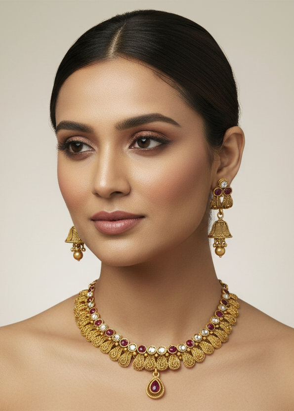 Antique Tribal Art Inspired Necklace Set with Ruby, Uncut AD and Bell Earrings