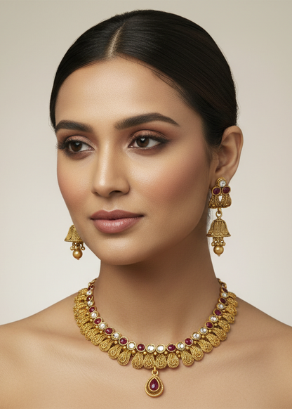 Antique Tribal Art Inspired Necklace Set with Ruby, Uncut AD and Bell Earrings