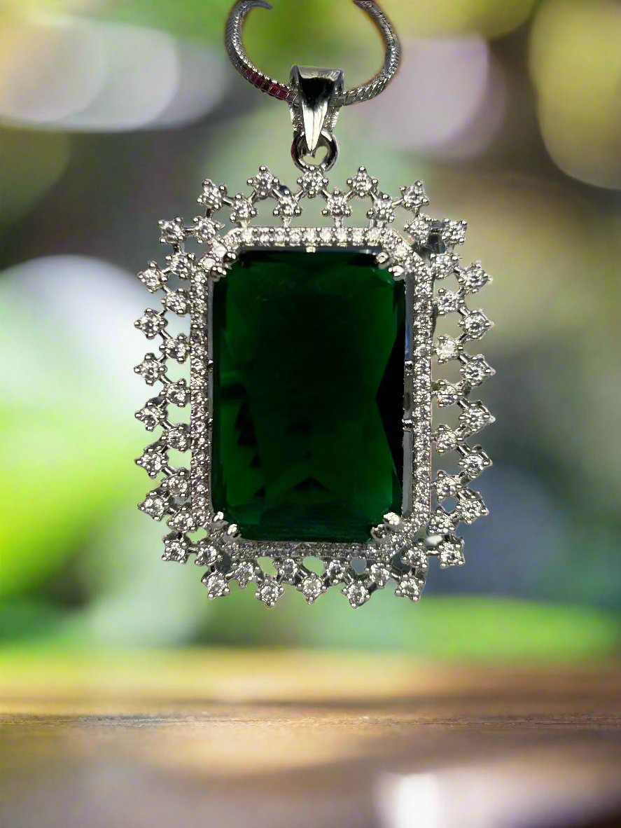 Bold Green Emerald and AD Pendant Set