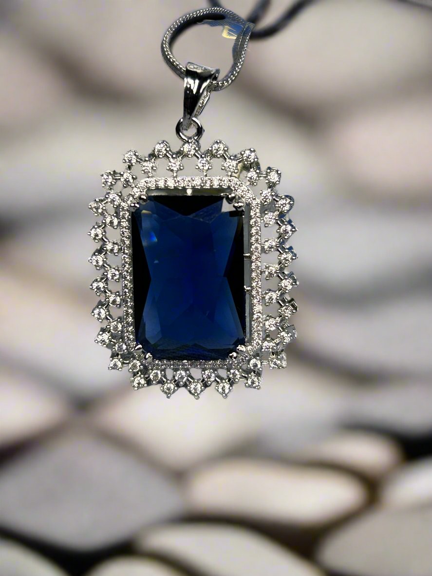 Bold Blue Sapphire and AD Pendant Set