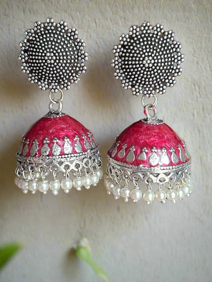 Antique Pink Silver Plated Jhumkas