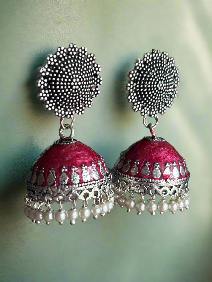 Antique Pink Silver Plated Jhumkas