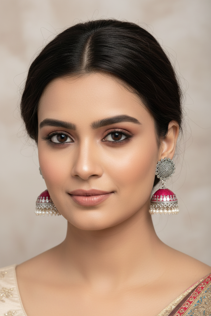 Antique Pink Silver Plated Jhumkas