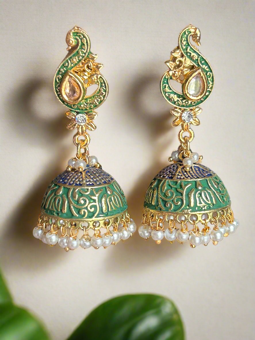 Meenakari jhumkis with Polki and  Cluster Pearls