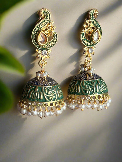 Meenakari jhumkis with Polki and  Cluster Pearls