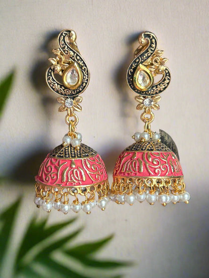 Meenakari jhumkis with Polki and  Cluster Pearls