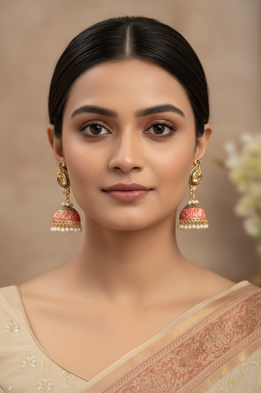Meenakari jhumkis with Polki and  Cluster Pearls