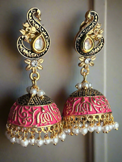 Meenakari jhumkis with Polki and  Cluster Pearls