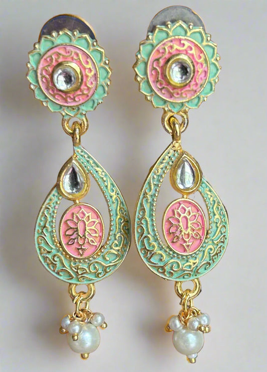 Pink and Green Meenakari Dangler Earrings
