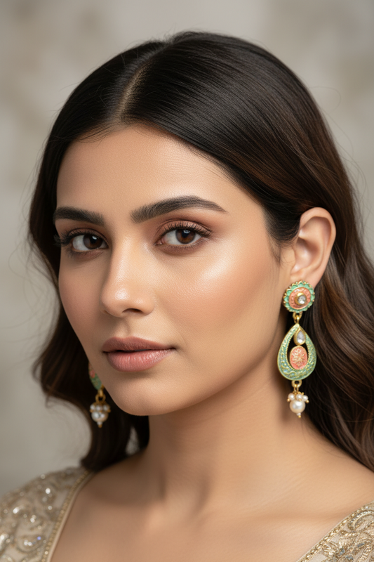 Pink and Green Meenakari Dangler Earrings