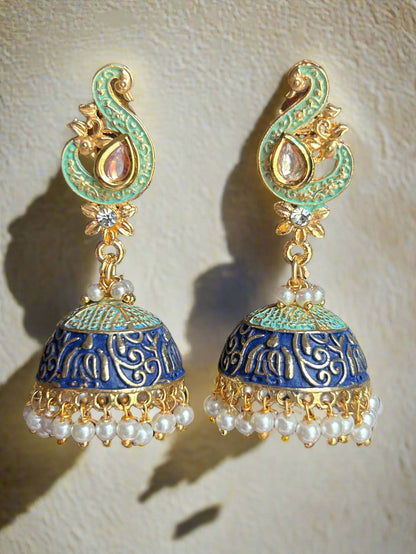 Meenakari jhumkis with Polki and  Cluster Pearls