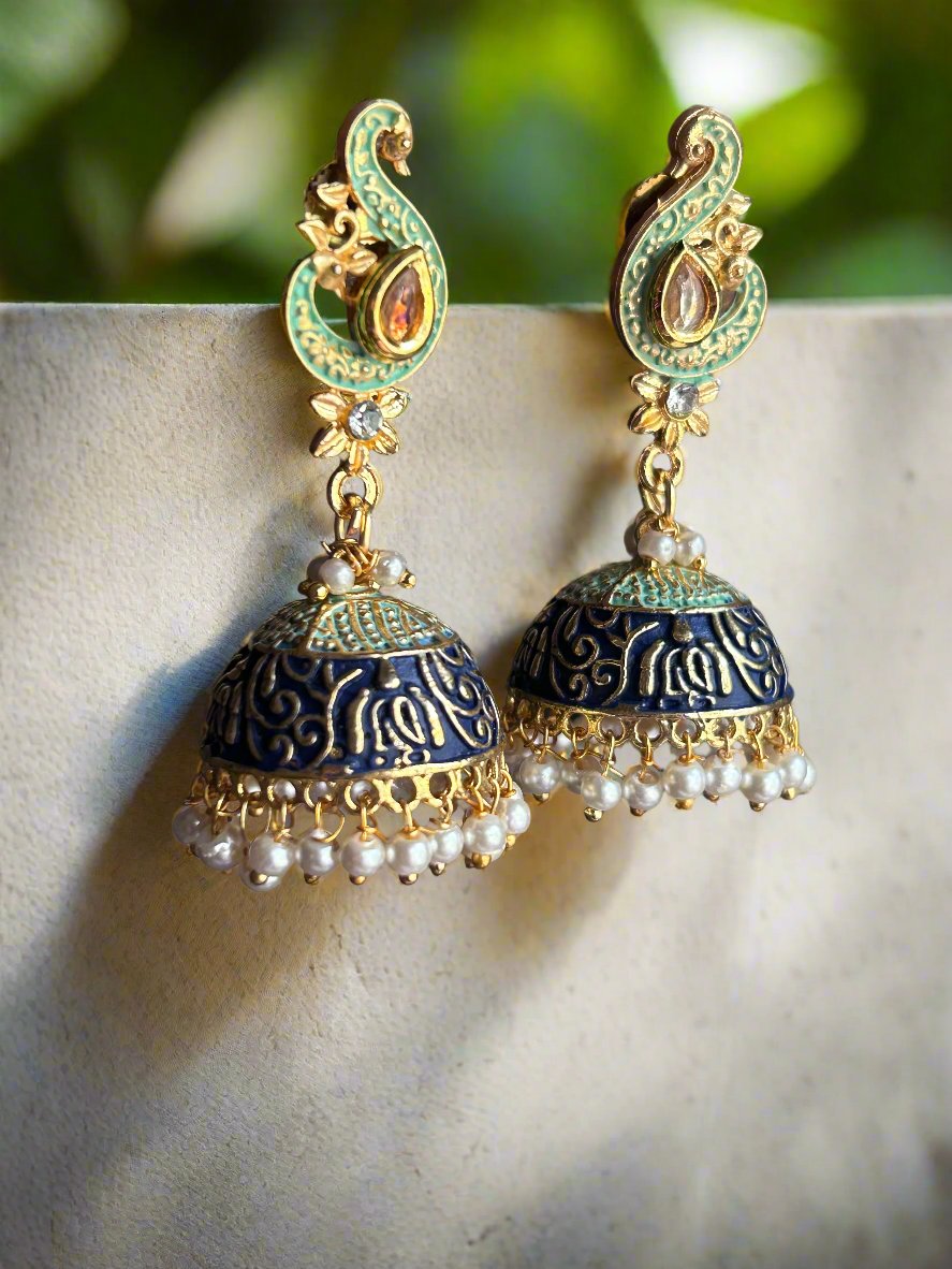 Meenakari jhumkis with Polki and  Cluster Pearls