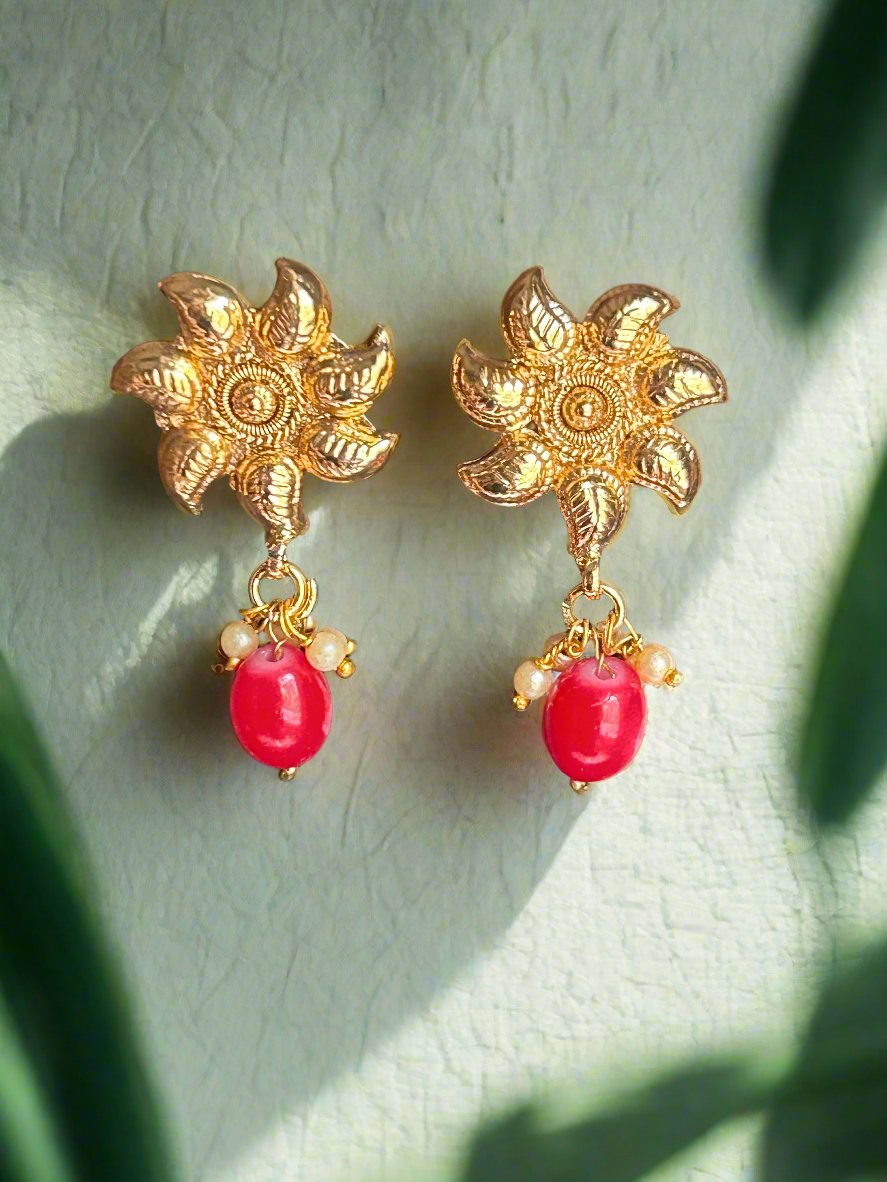 Gold Stud Earrings with Ruby Danglers