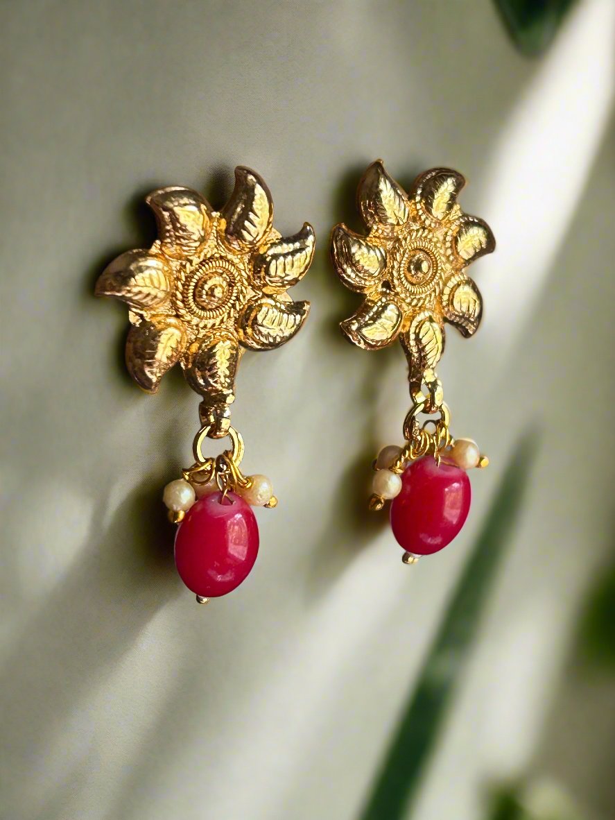 Gold Stud Earrings with Ruby Danglers