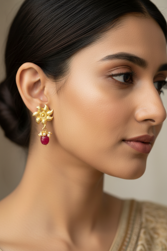 Gold Plated Stud Earrings with Ruby Danglers