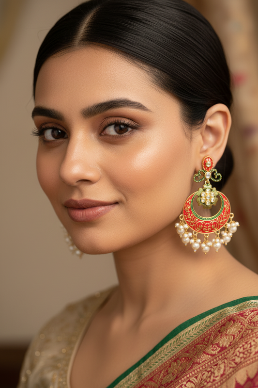 Red and Green Chandbali Earrings