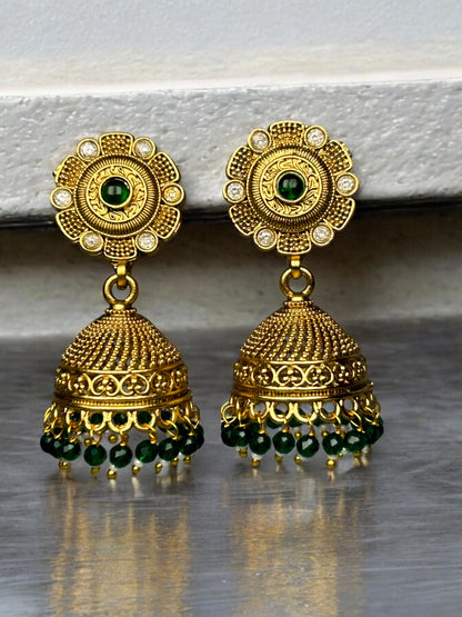 Gold Jhumkas with AD and Emerald Beads