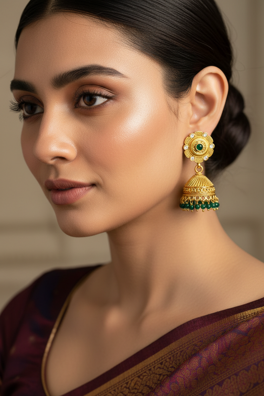 Gold Jhumkis with AD and Emerald Beads