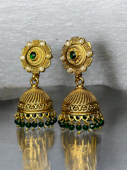 Gold Jhumkas with AD and Emerald Beads