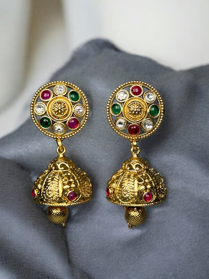 Gold Jhumkas with Colourful Stones